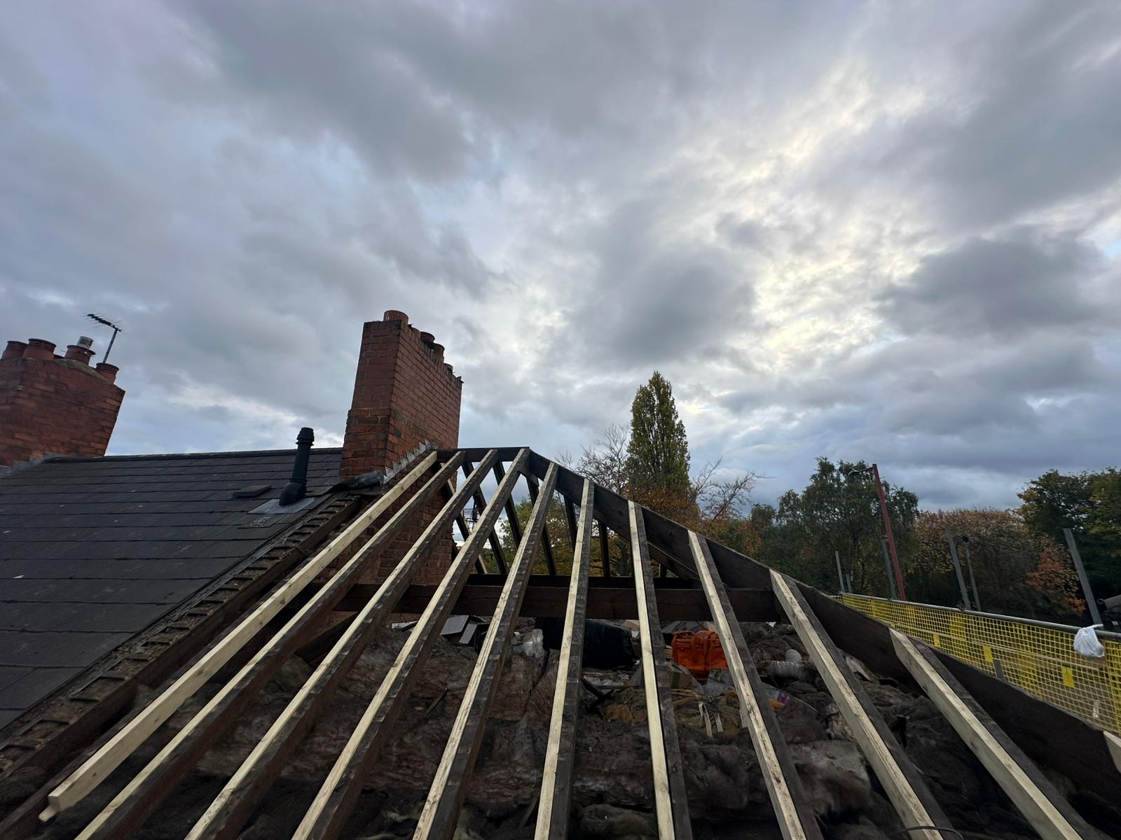 Emergency Roof Repairs in Worcester — Storm-damaged pitched roof stripped back to rafters during an emergency roofing call-out