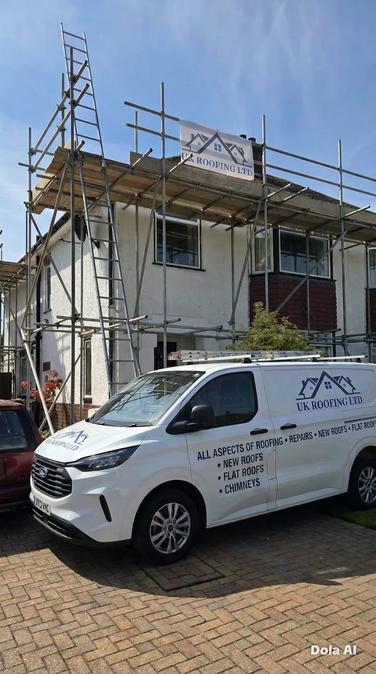 UK Roofing and Improvements Ltd scaffolding and signage on a Worcestershire residential re-roof project