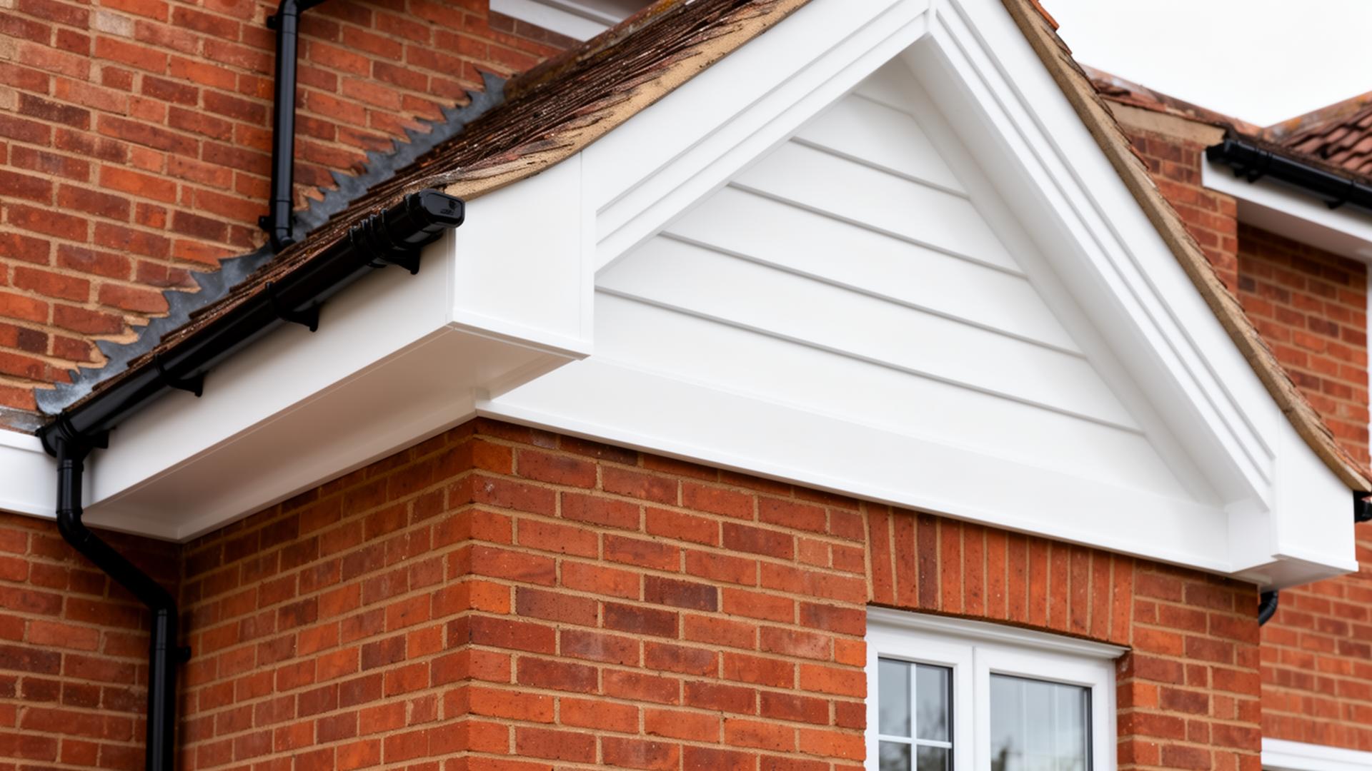 Fascia, Soffit & Bargeboards in Worcester — Crisp new white uPVC fascia, soffit and bargeboards along the gable of a brick home
