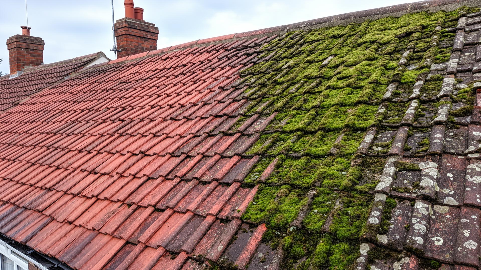 Roof Cleaning in Worcester — Pitched tile roof half cleaned of moss and lichen, half still covered — before-and-after roof cleaning
