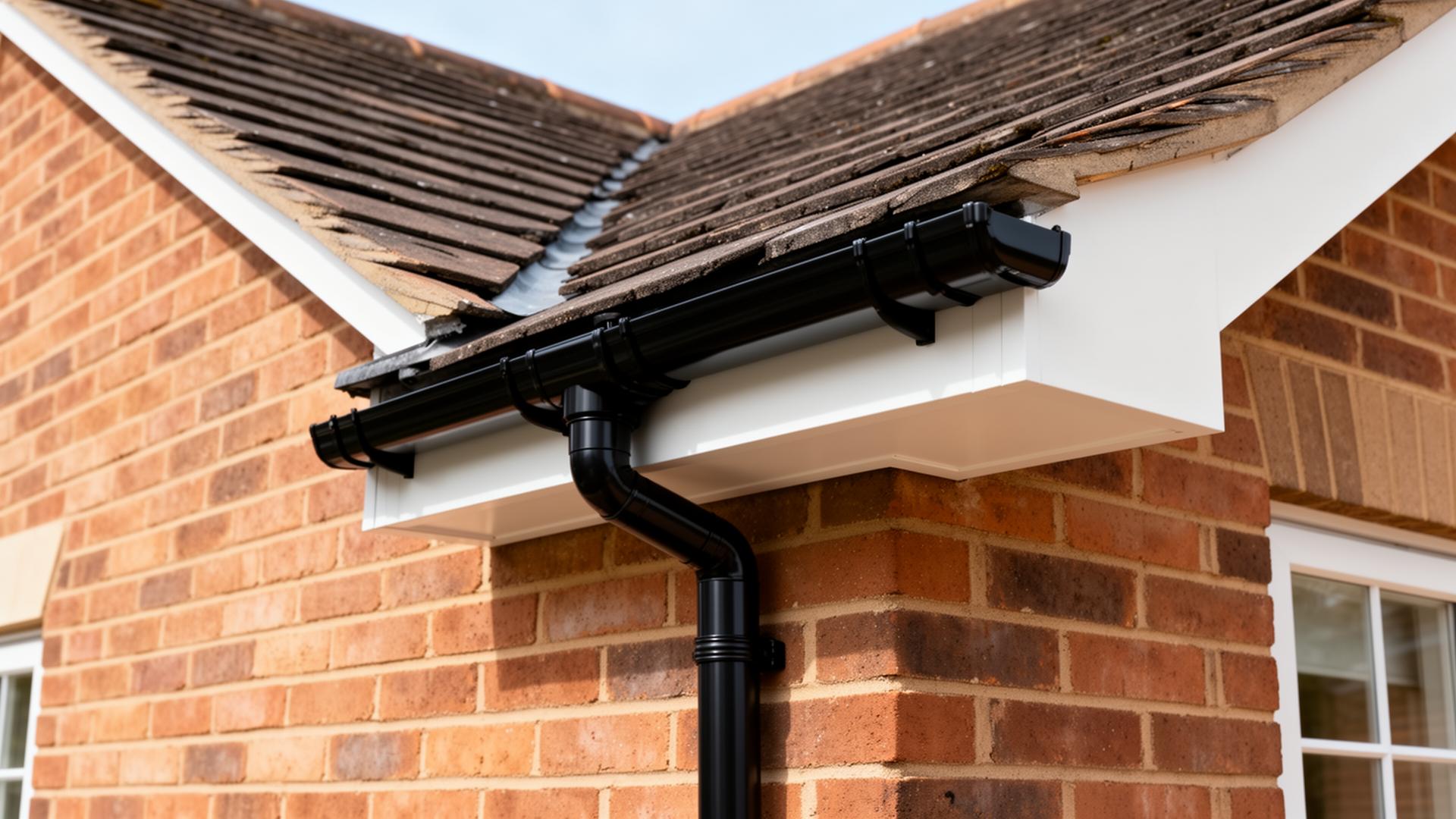 Gutters & Fascias in Worcester — New black uPVC guttering and downpipe with white fascia and soffit on a brick residential home